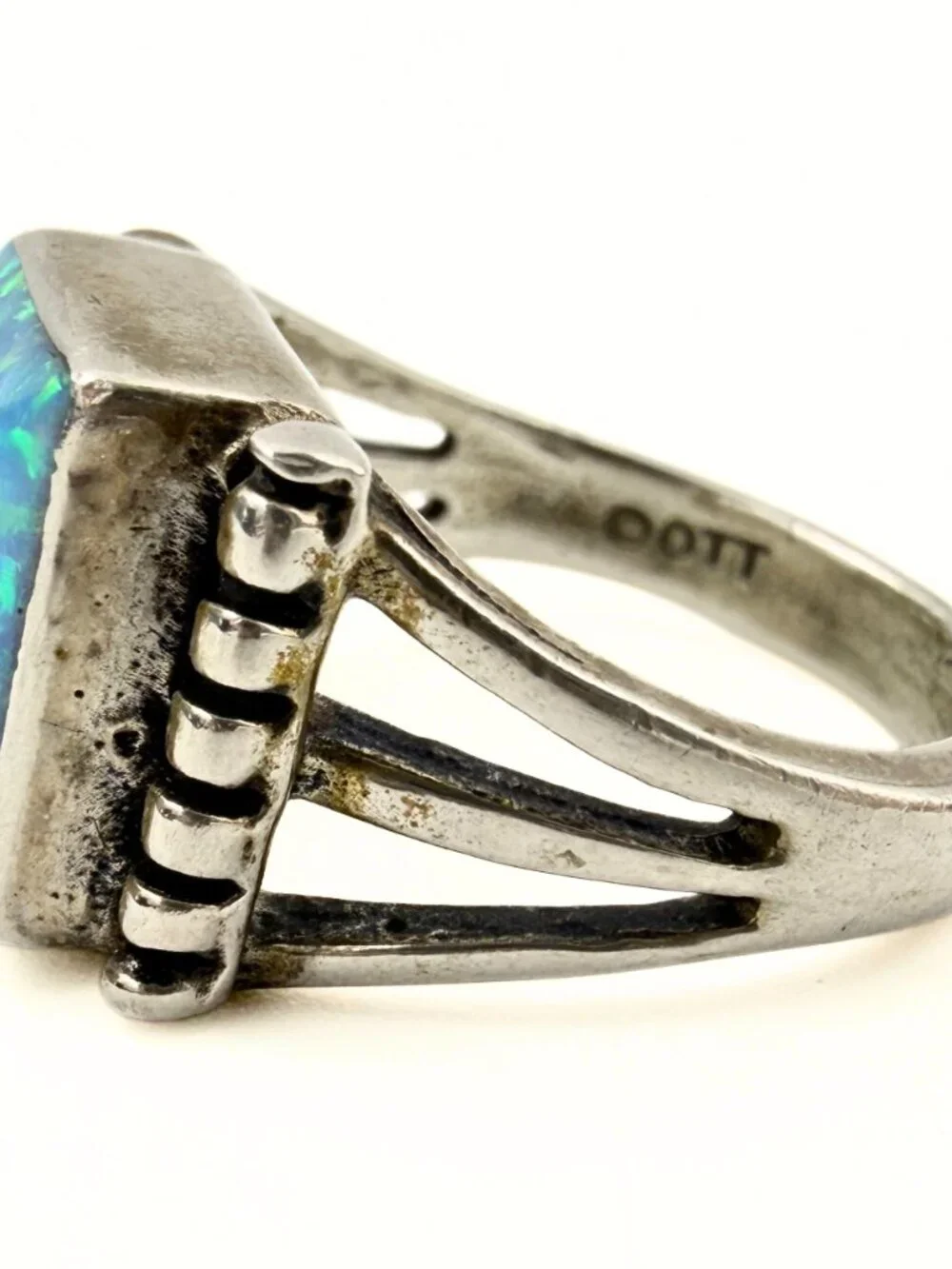 OTT Marked Southwest Sterling Silver Square Lab Opal Ring Sz 6